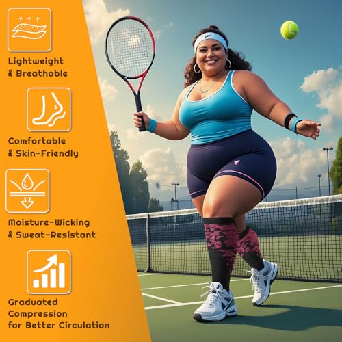 Image of Plus Size Compression Socks for Women & Men 4 Pairs, Wide Calf Extra Large 20-30 mmHg Knee High Support Socks for Travel, Running, Nurse