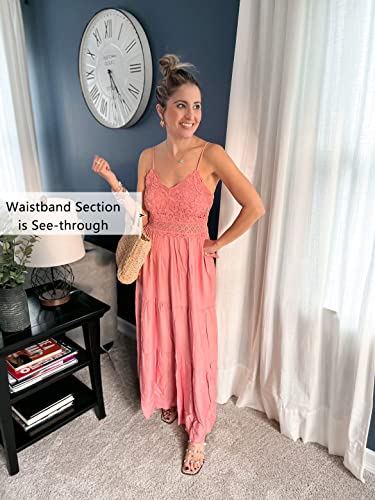 Image of Dokuritu Women's Beach Crochet Lace Maxi Dress Solid Color Summer Vacation Wedding Guest Spaghetti Strap Long Dress