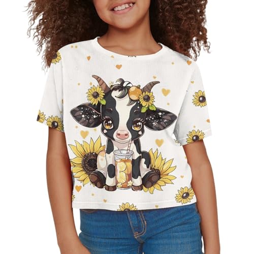 Image of Girls Crop Tops Cute Short Sleeve Shirts Fashion Tees for Kids Casual Crewneck Blouses Size 8-16 Years