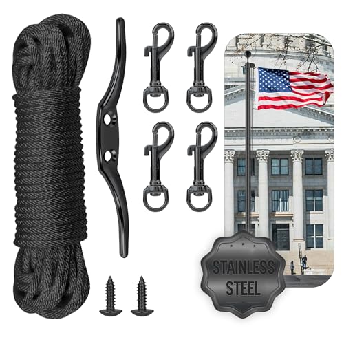 Lechansen Flag Pole Kit for Outdoor Use Black Flagpole Hardware Repair Parts Kit with Cleat Hook | Flag Pole Clips | Rope Replacement All- Stainless Steel Hardware Include Mounting Screws