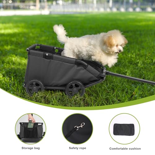 Mini-Hundewagen für Mini-Haustiere, faltbarer multifunktionaler Einkaufswagen mit ausziehbarem Ziehgriff Im Freien, Wagon eingebautem Kissen und Sicherheitsseil mit Aufbewahrungstasche (Schwarz)