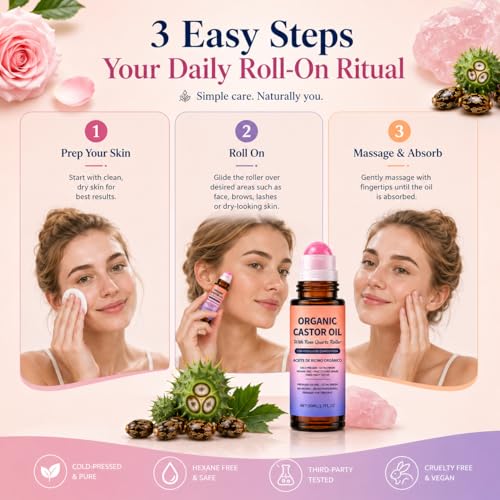Image of Organic Castor Oil with Real Rose Quartz Roller Ball