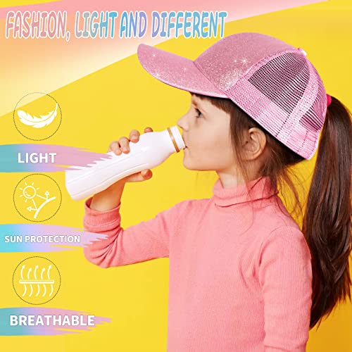 Girls Glitter Baseball Cap Criss Cross Ponytail Hat Adjustable High Messy Bun Ponycap Kids Trucker Hat Pink #TOP1