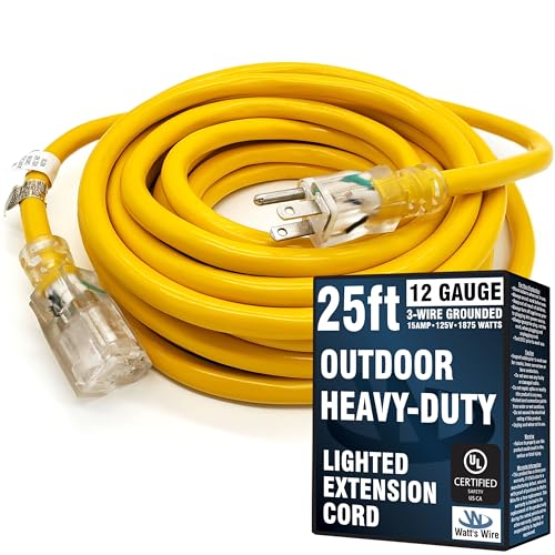 25 ft Outdoor Extension Cord Waterproof - 12 Gauge Heavy Duty Extension Cord 25 ft - Lighted Outdoor Extension Cords - Watts Wire - 25' Grounded - extensiones electricas