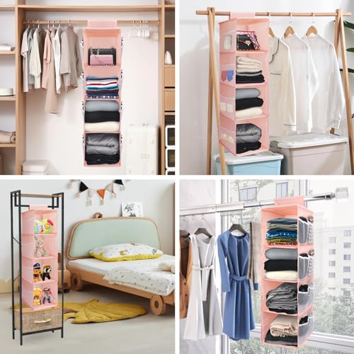 Image of 4-Shelf Hanging Closet Organizer, Space Saver, Closet Hanging Storage Shelves with Mesh Pockets & Magic Tap for Storage, Foldable-Pink