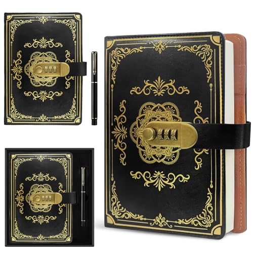 AMFUN A5 Password Journal with Lock 200 Pages with Pen and Gift Box Set PU Leather Lockable Diary Notebook with Vintage Gold Foil Pattern Ideal for Daily Journaling Work School