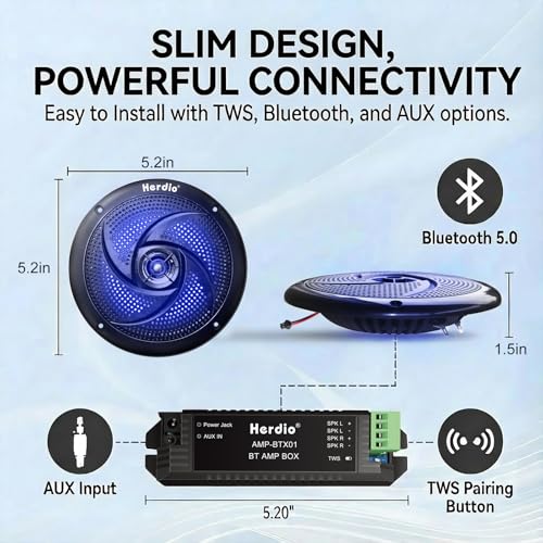 Image of Herdio 4 inch Bluetooth Marine Speakers, Low Profile Slim Design with LED Lights, 80W 2-Way Weather Resistant Outdoor Audio, Suitable for Boat, RV, UTV, ATV, Golf Cart (2-Pack, Black)
