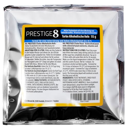Prestige 8 Turbo-Hefe 18 Prozent - Allzweckhefe für die Heimbrauerei, eignet sich für die Gärung von Wodka, Wein, Weinbrand und Fruchtschnäpsen
