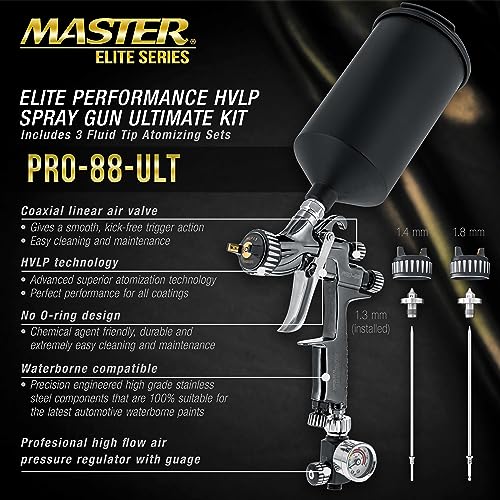 Master Airbrush PRO-88-ULT Master Elite Performance Pro-88 Series Hvlp Spray Gun Ultimate Kit With 3 Fluid Tip Sets 1.3, 1.4 And 1.8Mm And Air Pressure Regulator Gauge, Mps Cup Adapter - Automotive Basecoats thumb #1