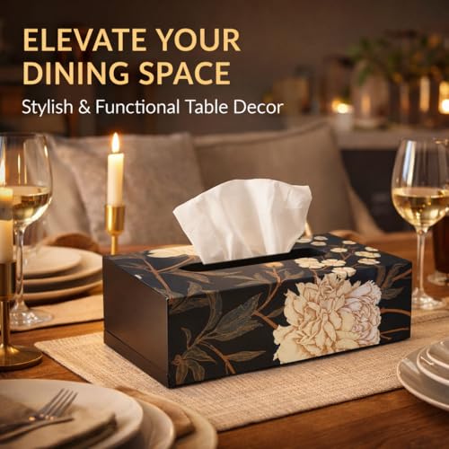 Image of Reinvention Factory Wooden Tissue Box Holder for Dining Table & Home | Tissue Paper Box Holder, Wooden Tissue Box Cover | Decorative Black Floral Tissue Holder for Bathroom, Office, Living Room