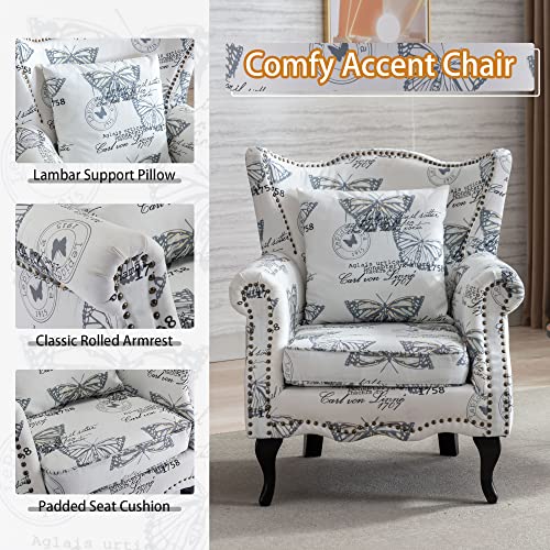 Abet Butterfly Pattern Wingback Chair 1 Pcs For Living Room, Modern Accent Chair, Mid-Century Soft Armchair With Pillow, Button Tufted Single Sofa High Back Comfy Upholstered Club Reading Side Chair #TOP3