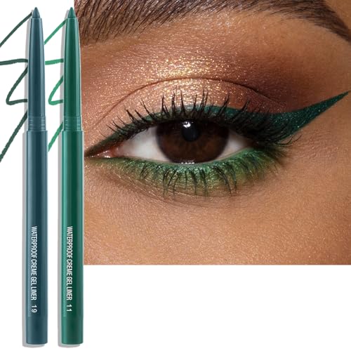 Wugbc 2 PCS Green Eyeliner Pencil Set Matte Shimmer Gel Waterline Eye Liner Pen Smudge-Proof Multi-Use Colorful Eyeliner Creamy High Pigmented Long-Lasting Retractable Smooth Eye Makeup
