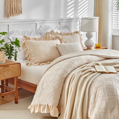 Flysheep Tufted Ruffle Comforter Set Twin Size, 3 Pieces Beige Ruffled Farmhouse Comforters thumb #5