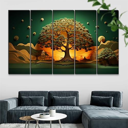 Image of Livin'luxe 5 Panel Tree of Life Wall Art | Majestic Sunset Glow & Temple Silhouettes | Surreal Green & Golden Framed Wall Art for Living Room, Pooja Room & Modern Ethnic Decor (50 x 30 Inch) XL-35419