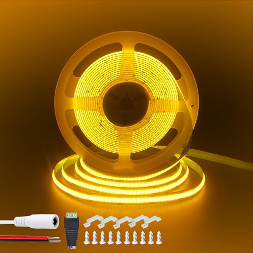 Clearhill Bande LED COB 12V 16,4pieds/5m (Sans alimentation),Orange,320LEDs/m,avec connecteur femelle DC 5521 et fils rouge/noir,largeur 8mm,IP20,pour...