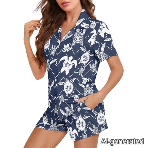 Image of Renewold Women's Short Sleeve Pajama Set Button Down Sleepwear with Notch Collar Soft Lounge Top and Shorts with Pockets