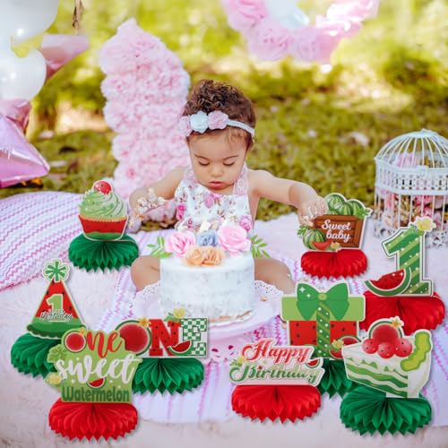 Image of 9pcs Watermelon First Birthday Honeycomb Centerpieces Sweet One Watermelon Party Table Decorations One in a Melon Tabletop Centerpieces for Baby Shower 1st Birthday Table Topper Sign Decorations