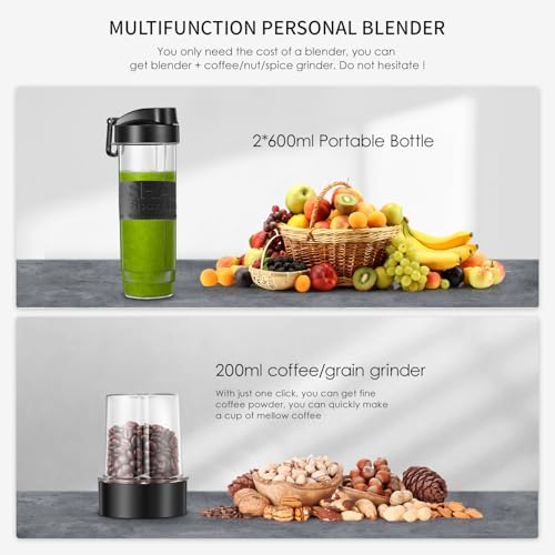Yabano Personal Blender, 500W Electric Shake Bottle with 2 x 600 ml Travel Bottle and Coffee/Spices Jar, Portable Shaker Cups for Protein Shakes, Single Serve Blender for Shakes and Smoothies, Sports - Image 2