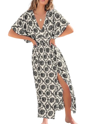 Image of CUPSHE Women's Summer Boho Maxi Dress Paisley Floral V Neck Smocked Dress Beach Vacation Slit Hem Flowy Dress with Pockets