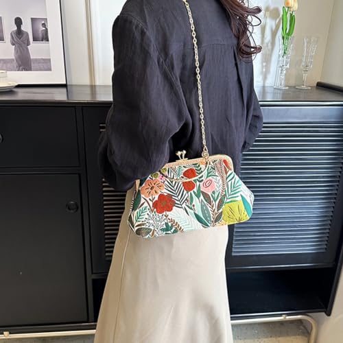 Image of Women Vintage Flower Embroidery Handbag Evening Purse Crossbody Shoulder Bag with Chain Strap
