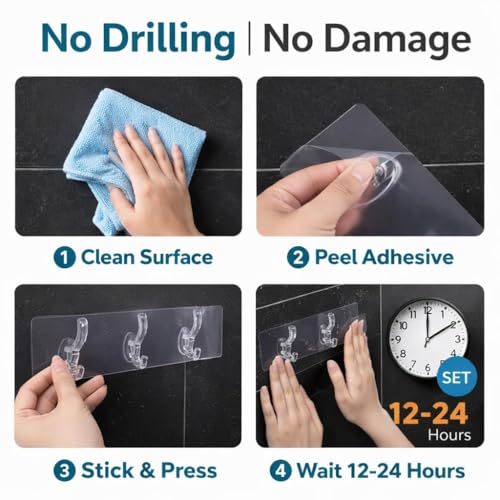 Image of Self Adhesive Hooks for Wall Heavy Duty - 10kg Load Capacity Waterproof Transparent Wall Hooks for Hanging - No Drilling Nail (ProHold Hoo (3 Hook Strip Pack of 3)