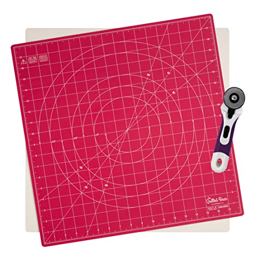 The Quilted Bear 360° Rotating & Lockable Self-Healing Cutting Mat 18" x 18" with 45mm Rotary Cutter - Pink: Your Ultimate Crafting Companion for Precision and Convenience.