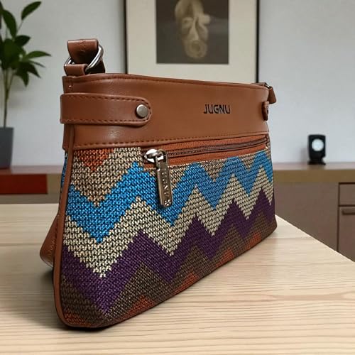 Image of JUGNU Sling Bag for Women, Jute Fabric, Crossbody Style, Slim Design, Multicolour, Medium Size, Lightweight, Adjustable Strap, Zipper Closure, 5 Pockets