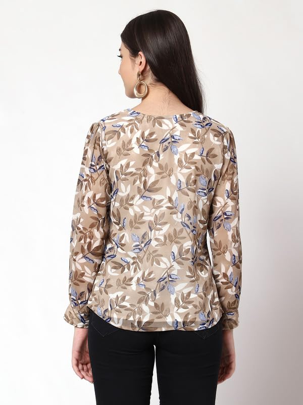 Image of Georgette Leaf Printed V Neck Full Sleeve Casual Top for Women| Women's Regular Fit Fancy Top Summer Tops
