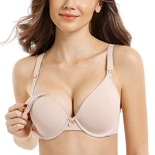MELENECA Women's Nursing Bra Lightly Padded Plus Size Underwire for Breastfeeding Beige 32DDD/E