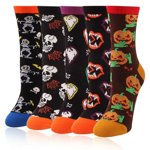 Eymobad 5 Paare Halloween Kürbis Bunte Socken KürbisSocken Baumwolle Lustige Geistermuster Socken Damen Herren Bunte LustigeSocken Mehrfarbig Fledermaus CrewSockenn
