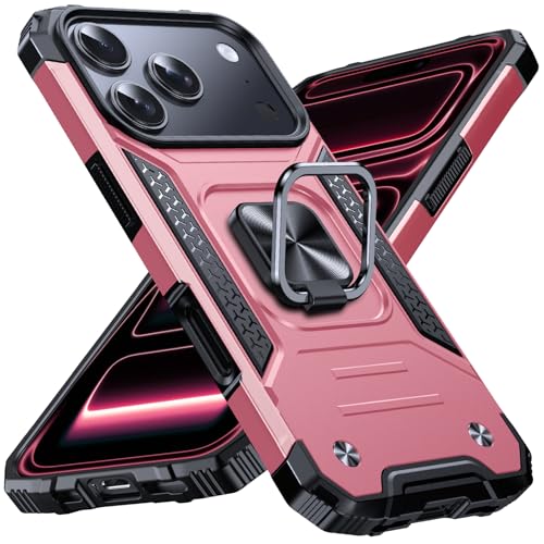 Image of Anqrp Heavy Duty Case for iPhone 17 Pro Case with Enhanced Ring Holder Grip Stand, Military Grade Shockproof Rugged Drop Protective Silicone Hard Slim iPhone 17 Pro Phone Case Cover,Pink Gold