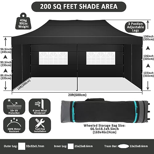 Image of COBIZI 10x20 Pop Up Canopy Tent,Heavy Duty Canopy(Black with 6 Sidewalls)