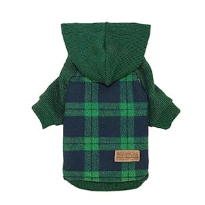 Fitwarm Tartan Plaid Dog Hoodie, Knitted Dog Clothes for Small Dogs Boy, Pet Sweater with Hood, Cat Winter Outfit, Green, Medium