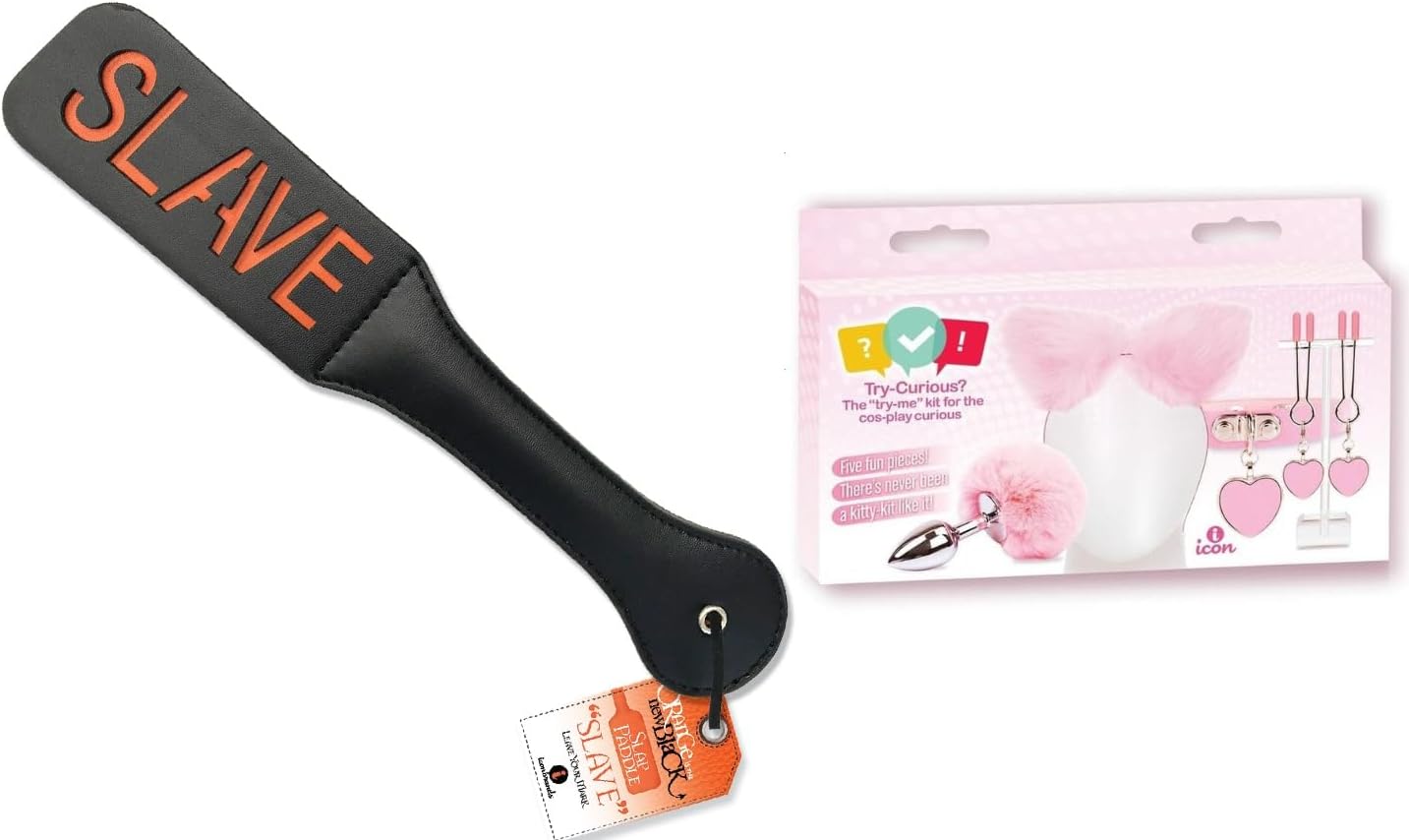 Couples Sex Toy Bundle of Orange is The New Black, Slap Paddle, Slave and Icon Brands Try Curious Kitty Kit - Pink