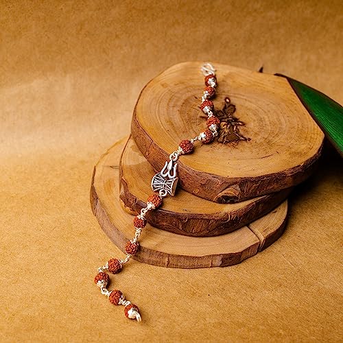 Image of Hem Jewels Pure Silver Rudraksh Bracelet Rakhi with Damru and Trishul for Brother | Silver Rakhi for Brother | Silver Bracelet for Boys and Men (HJ RKH50)