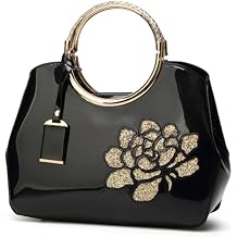 Top-handle Handbags Purse for Women Embroidered Flower Pattern Patent PU Tote Shoulder Bag Satchel