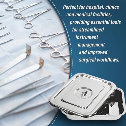 Image of OTICA Instrument Tray with Lid 9 x 6 x 1.5 inch - Stainless Steel Medical Tray with Cover | Corrosion-Resistant Tray for Hospital, Clinic & Surgery Use