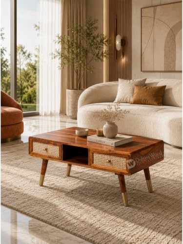 Image of DRIFTINGWOOD Amber Solid Sheesham Wood Coffee Table (100x50x43 cm) | Center Table with 2 Rattan Drawers, Open Storage | Honey Finish