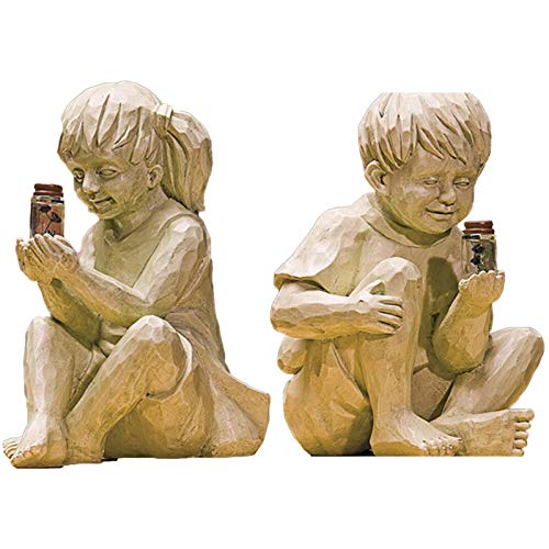 ALTcompluser Tuinfiguur van hars met led-verlichting op zonne-energie, inzicht in de God Boy beeldje, tuindecoratie, figuren, tuinbeeldje, ornament decor voor Lawn Yard(wit paar)