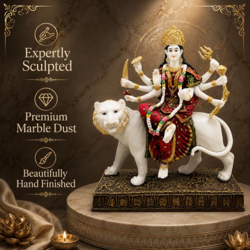 Image of ARMONIA Sherawali Devi Murti for Navratri Decor & Worship | Maa Durga Idol Sitting | Mata Murti for Home Decor, Mandir | Vaishno Devi Durga Mata Statue | Marble Dust Goddess Idol for Gift (11.81 Inch)
