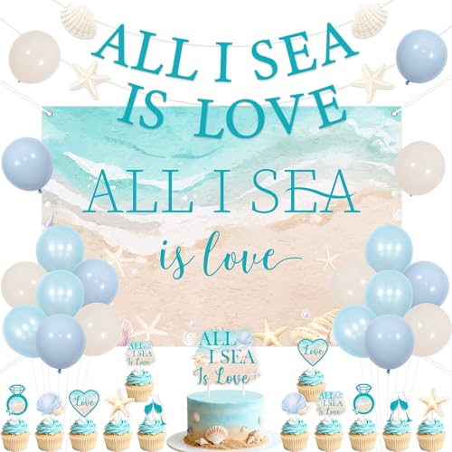 Kreatwow Beach Shell Bachelorette Decoration All I Sea Is Love Backdrop Banner Beach Shell Bridal Shower Decoration Cake Topper Coastal Bridal Shower Ocean Wave Seashell Starfish Party Balloon Decor
