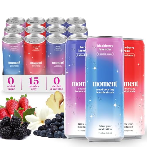 Moment Botanical Soda Soft Drink (Shark Tank) - SPARKLING Drinks | Berry Blast | L-Theanine & Ashwagandha for Calm & Clarity | 0 Added Sugar 0 Caffeine | 12-pack