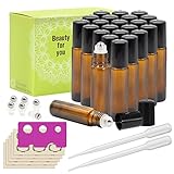 24, 10ml Amber Glass Roller Bottles With Stainless Steel Roller Ball for Essential Oil by Mavogel - Include 6 Extra Roller Ball, 30 Pieces Labels, Essential Oils Opener, 1ml Dropper