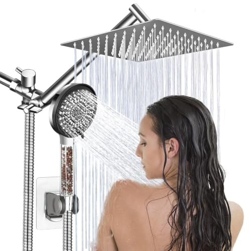Image of Filtered Shower Head,8 inchRain Shower Head with Handheld Spray Combo with 11'' Angle Adjustable Extension Arm /Flow Regulator /Shower System,High Pressure Rainfall Shower Head Bathroom,Chrome