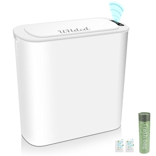 Touchless - Bote de basura de baño con tapa con sensor de movimiento automático de 32 galones cubo de basura estrecho de plástico delgado para baño