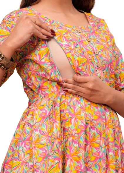 Image of JAIPURFAME Stylish Women's Pure Cotton All Over Printed Kurti Gown, Maternity Dress, and Feeding Dress - Comfortable and Elegant Maternity Wear for Women Multicolour