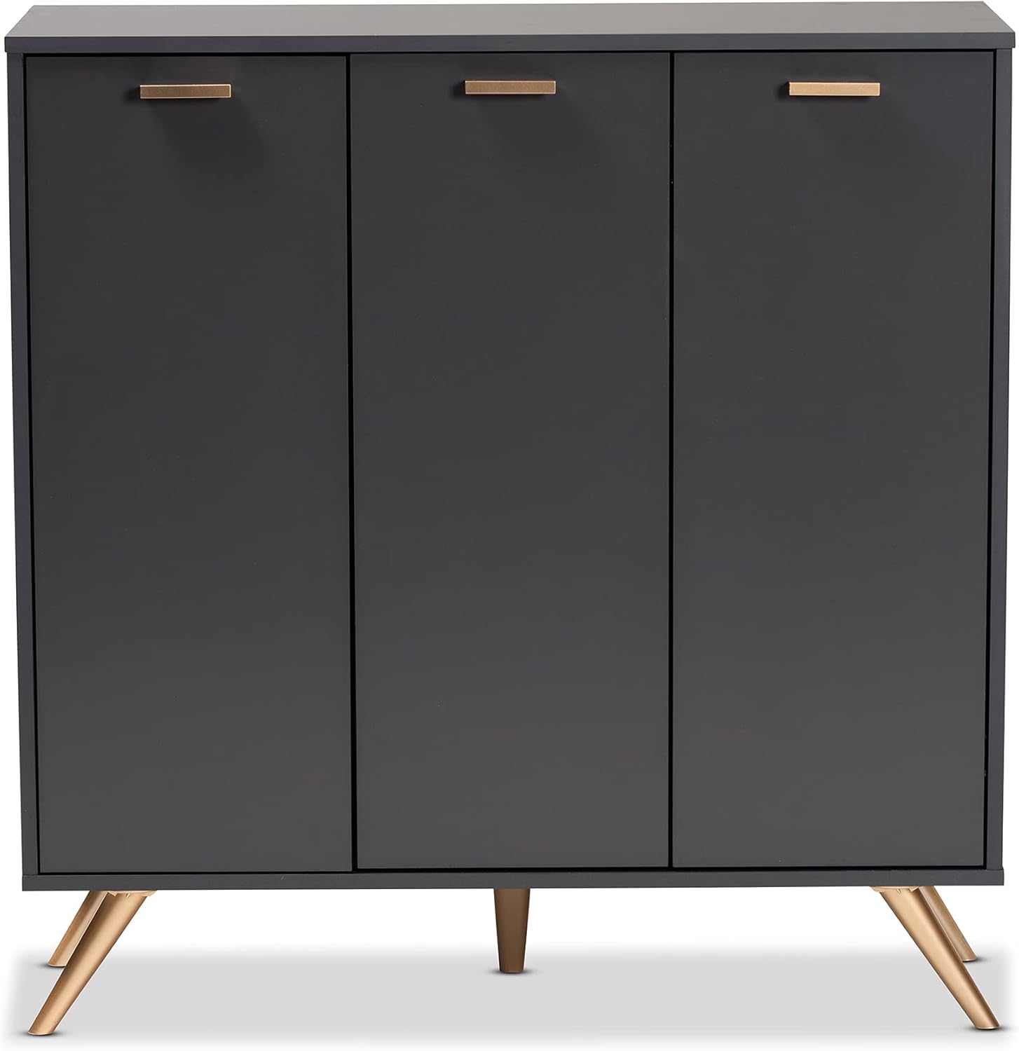 Baxton Studio Kelson Modern and Contemporary Dark Grey and Gold Finished Wood 3-Door Shoe Cabinet