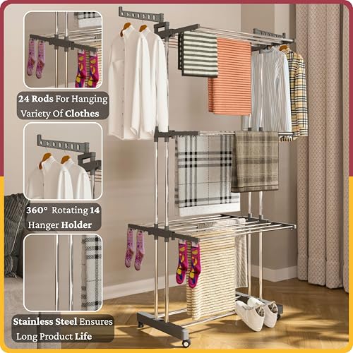 Image of Amiraj Premium Stainless Steel Clothes Drying Stand | 3 Tier 2 Pole Foldable Laundry Rack with Wheels & Sock Holder | Heavy Duty Indoor & Outdoor Cloth Dryer for Balcony, Terrace & Home - Gray