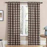 Melodieux Buffalo Check Plaid Curtains for Living Room, Bedroom Farmhouse Gingham Style Cotton Texture Rod Pocket Semi Curtain Drapes, Brown, 52 x 96 Inch(2 Panels)