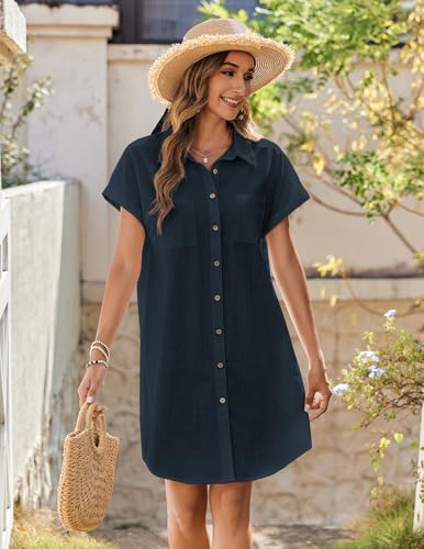 Image of Zeagoo Summer Dresses for Women 2025 Cotton Button Down Short Sleeve Tshirt Dresses Casual Mini Beach Dress